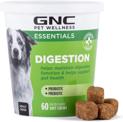 GNC Pets Essentials Digestion Soft Chews for Dogs, Bacon Flavor, 60 Count | Prebiotics, probiotics, and enzymes formula, for digestive support, puppies and adult dogs, reusable jar