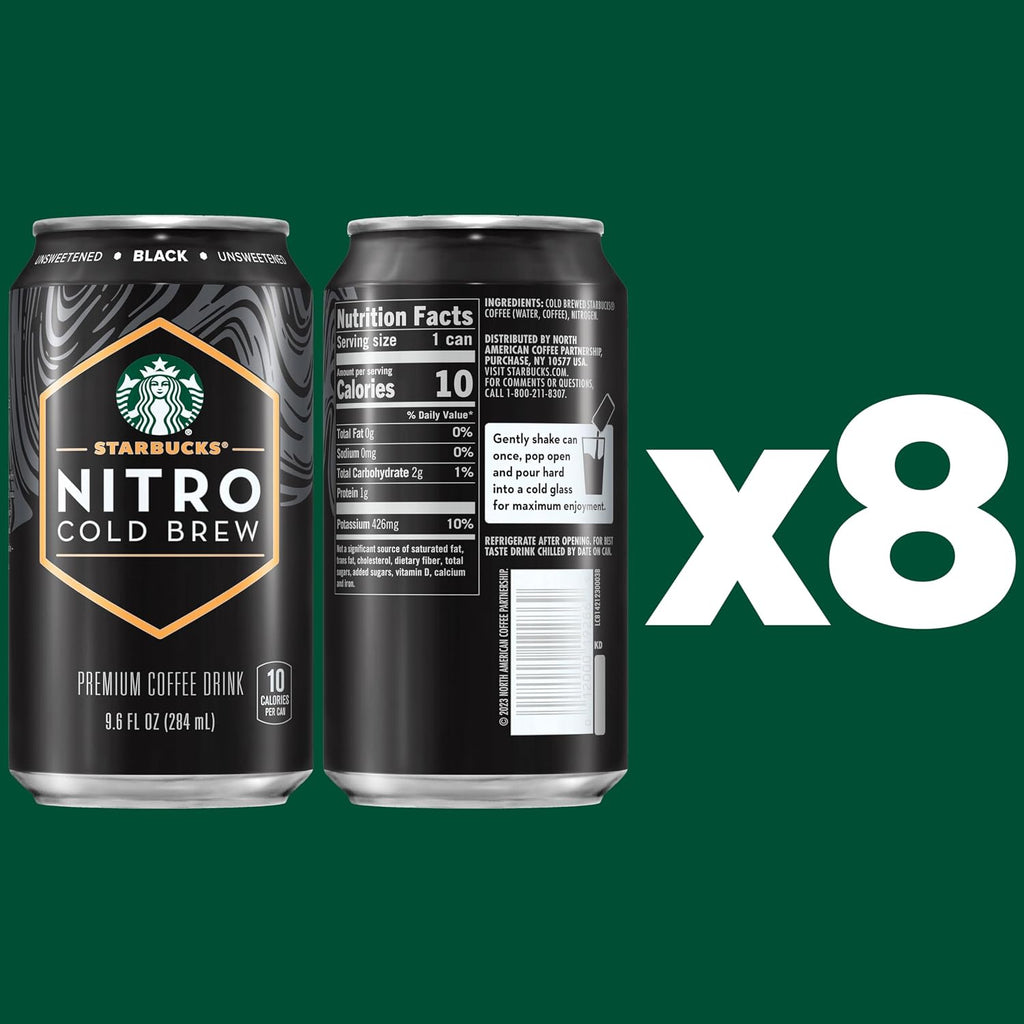 Starbucks - RTD Coffee Nitro Cold Brew, Black Unsweetened, 9.6 fl oz Cans (8 Pack), Iced Coffee, Cold Brew Coffee, Coffee Drink