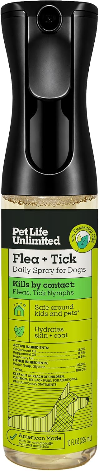 Pet Life Unlimited Natural Flea & Tick Spray for Dogs, 10 oz, Plant-Based Prevention & Treatment with Essential Oils, Kill & Repel Fleas, Ticks & Eggs, Soothes Itchy Skin, Daily Use