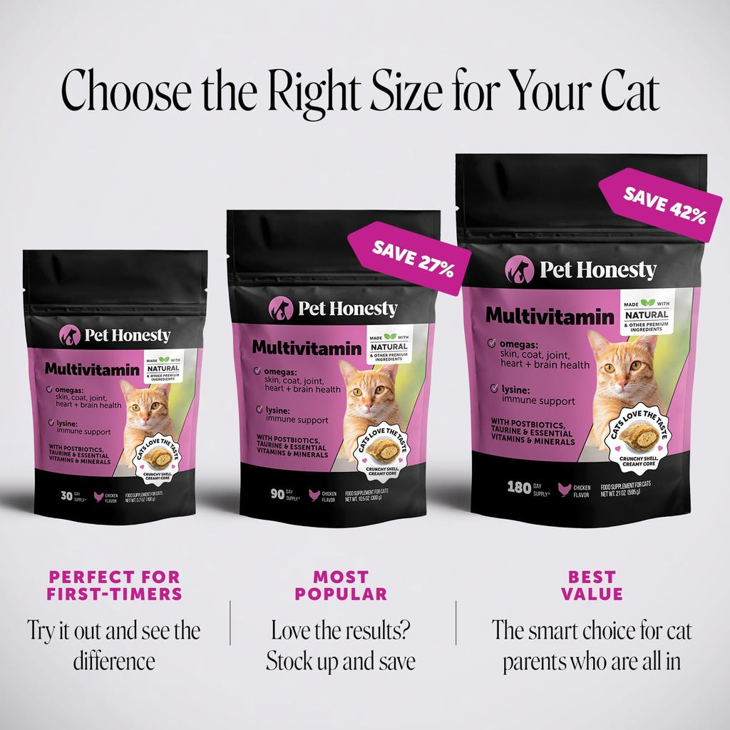 Cat Multivitamin Crunchy Creamy Chews - Daily Cat Vitamins with Lysine, Prebiotics, Omega 3 Fish Oil - Cat Treats for Immune Support, Skin Coat, Digestion, Heart + Joint Health (30-Day Supply)