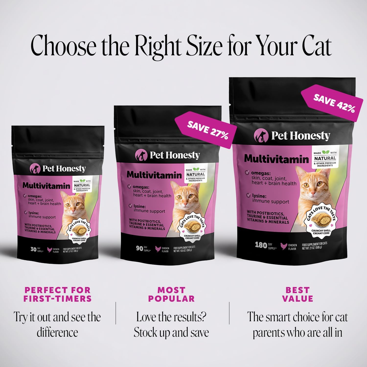 Cat Multivitamin Crunchy Creamy Chews - Daily Cat Vitamins with Lysine, Prebiotics, Omega 3 Fish Oil - Cat Treats for Immune Support, Skin Coat, Digestion, Heart + Joint Health (30-Day Supply)