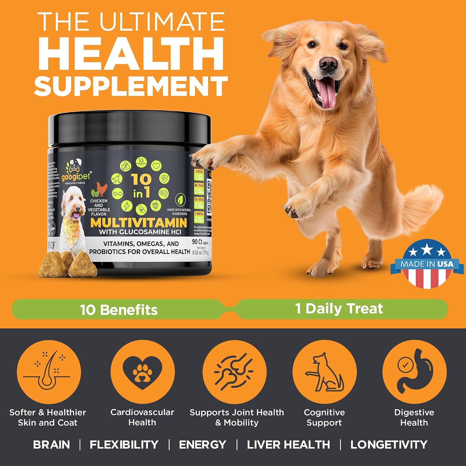 Googipet Premium Dog Multivitamin Chewable, Dog Vitamins and Supplements, Puppy Vitamins & Senior Dogs Probiotics for Gut Health + Vitamin C, Glucosamine for Dogs Joint Support (Chicken Flavor)