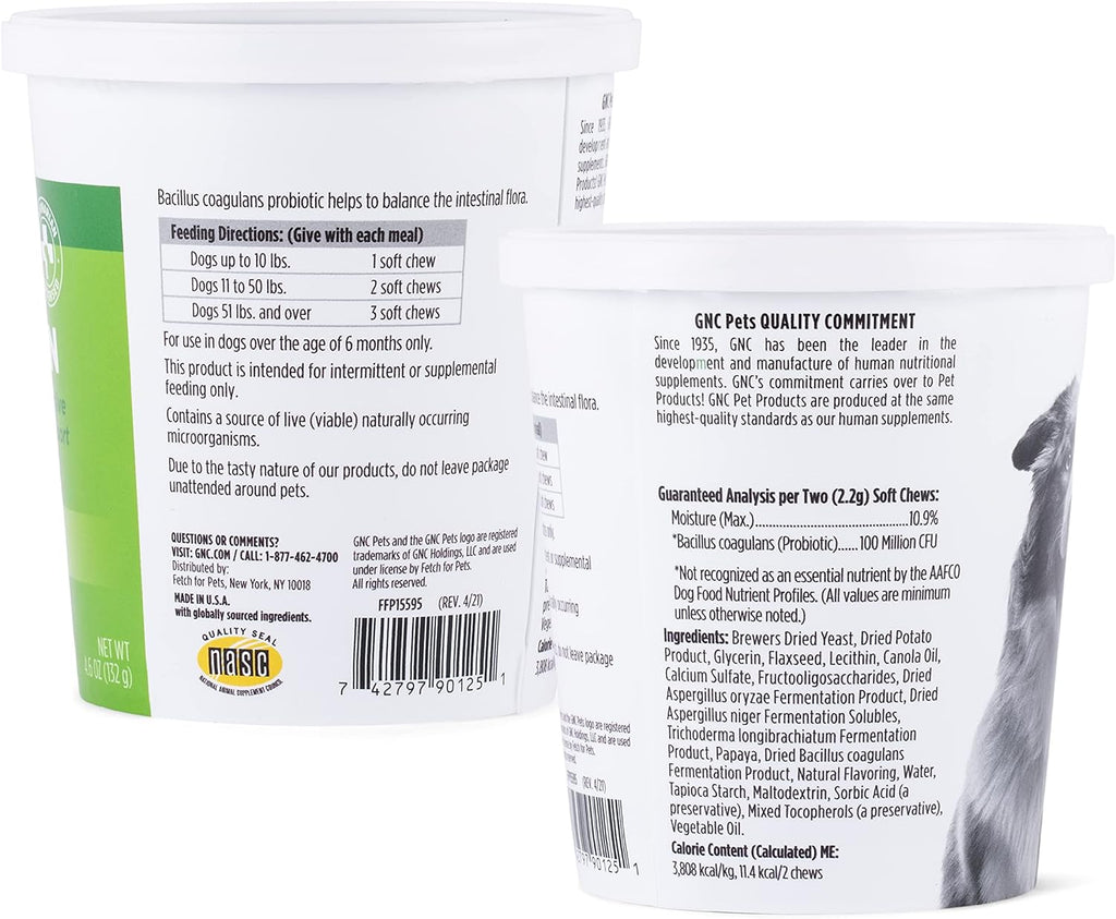 GNC Pets Essentials Digestion Soft Chews for Dogs, Bacon Flavor, 60 Count | Prebiotics, probiotics, and enzymes formula, for digestive support, puppies and adult dogs, reusable jar