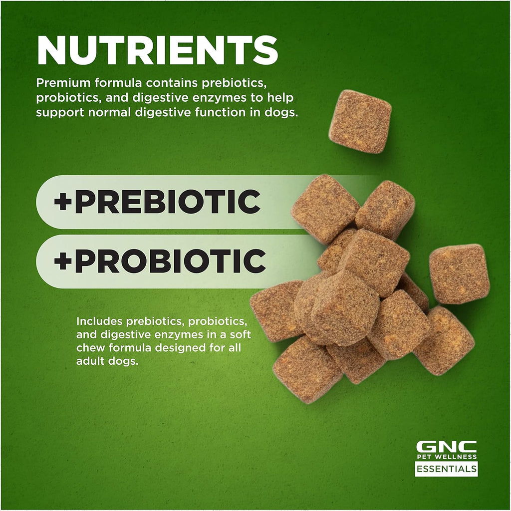 GNC Pets Essentials Digestion Soft Chews for Dogs, Bacon Flavor, 60 Count | Prebiotics, probiotics, and enzymes formula, for digestive support, puppies and adult dogs, reusable jar