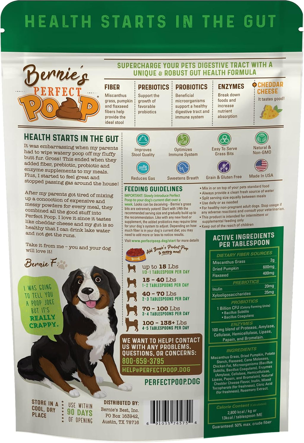 Bernie's Perfect Poop 4-in-1 Dog Digestion Supplement, Cheese, 12.8 oz | Digestive support for firm stools, diarrhea, constipation, gas and stool odor with fiber, prebiotics, probiotics and enzymes