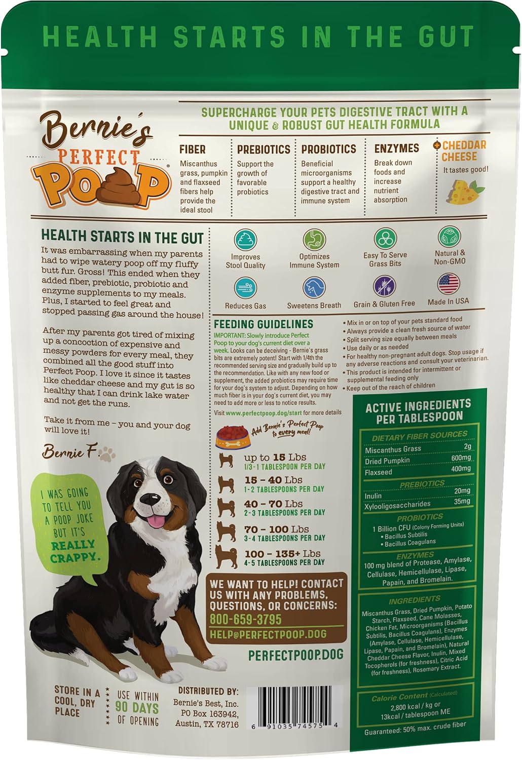 Bernie's Perfect Poop 4-in-1 Dog Digestion Supplement, Cheese, 12.8 oz | Digestive support for firm stools, diarrhea, constipation, gas and stool odor with fiber, prebiotics, probiotics and enzymes