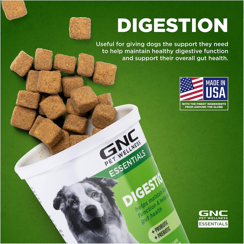 GNC Pets Essentials Digestion Soft Chews for Dogs, Bacon Flavor, 60 Count | Prebiotics, probiotics, and enzymes formula, for digestive support, puppies and adult dogs, reusable jar